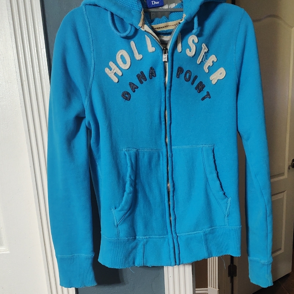 Hollister Bright Blue Distressed Hoodie with Logo
